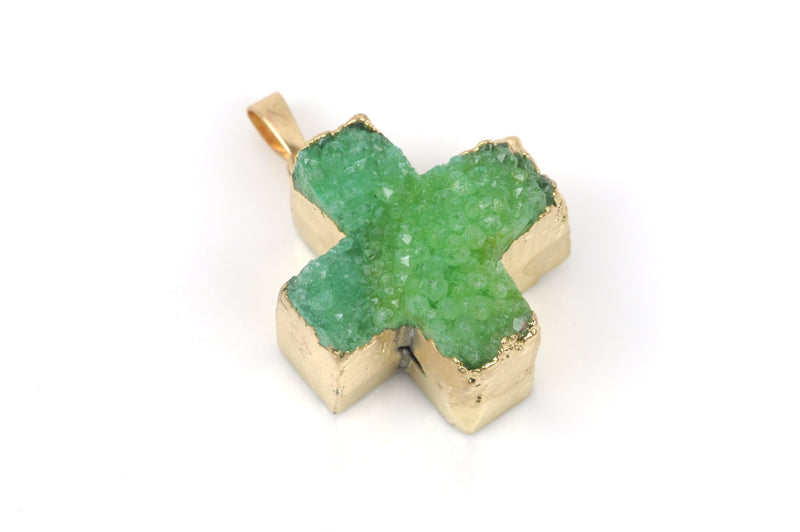 GREEN DRUZY Maltese Cross Pendants, Brass Bail, Gold Bail, Natural Druzy Agate Quartz Gemstones, 28mm long, gdz0170