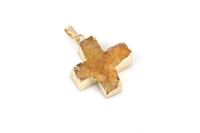GOLDEN YELLOW DRUZY Maltese Cross Pendants, Brass Bail, Gold Bail, Natural Druzy Agate Quartz Gemstones, 28mm long, gdz0173