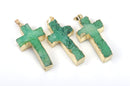 GREEN DRUZY Cross Pendants, Brass Bail, Gold Bail, Natural Druzy Agate Quartz Gemstones, 43mm long, gdz0178