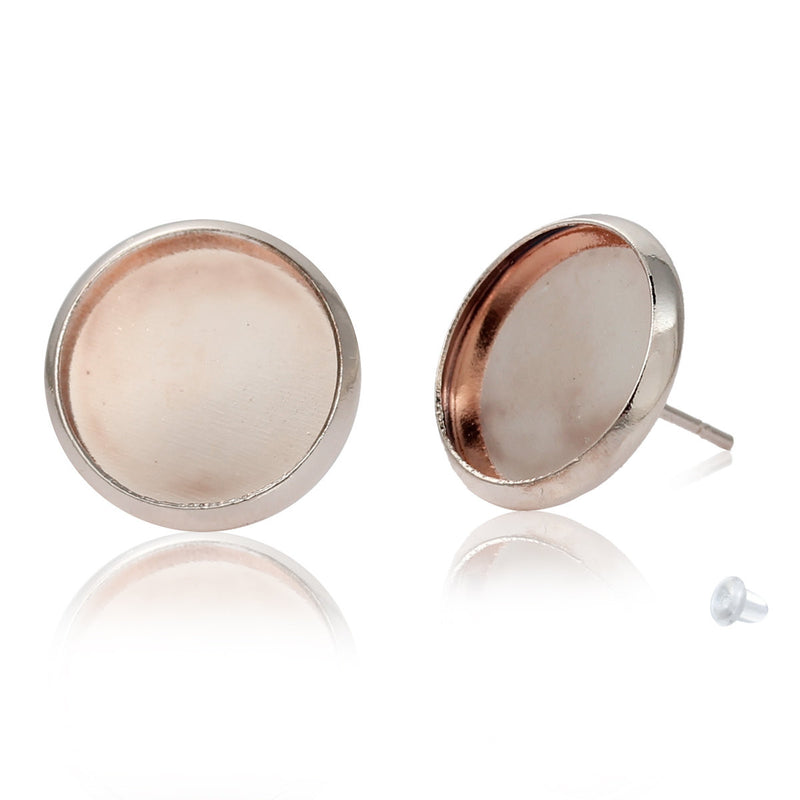 10 (5 pairs) ROSE GOLD cabochon bezel setting earring post components, fits 12mm round inside bezel, fin0542