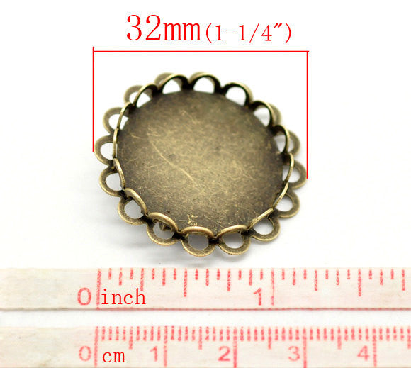 10 Bronze Filigree Brooch Pins with Bezel Cabochon Tray, 1" Bezel Tray (fits 25mm) pin backs, pin blanks, pin0100