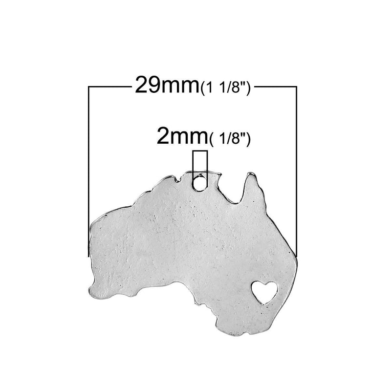 10 AUSTRALIA MAP Charms, Silver Plated Australian Continent Pendants, Sydney Heart Cutout, 29x23mm, chs2439