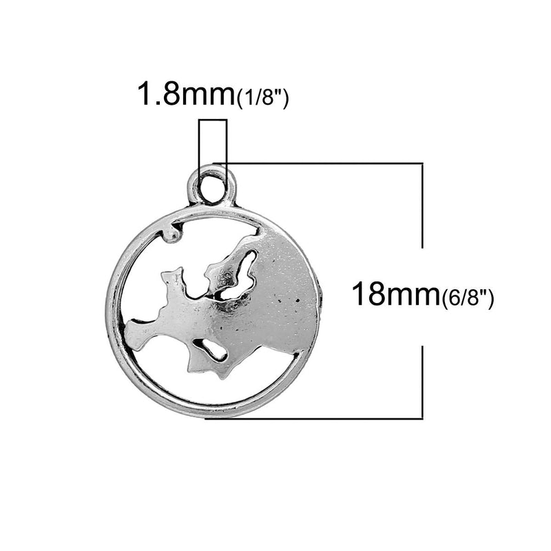 10 EUROPE MAP Charms, Travel Charms, Map in Circle, Silver Map Continent Pendants, 20x16mm, chs2444