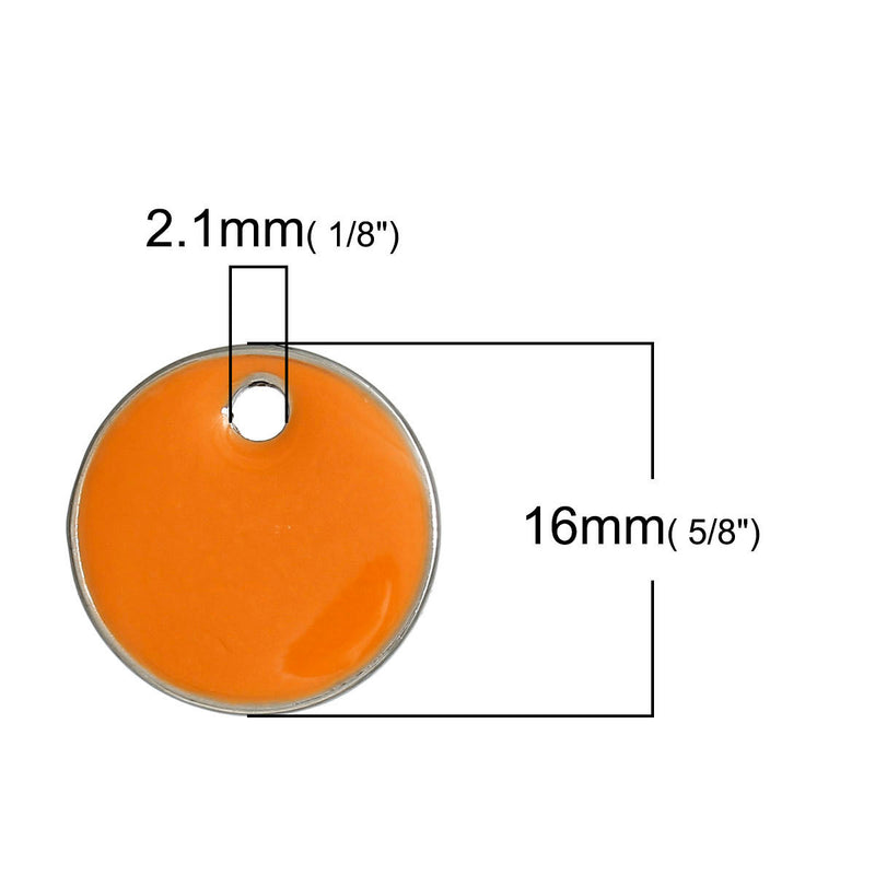 5 ORANGE Enamel Dot Charms, Silver  Round Circle Sequin Charms, double sided, 16mm (5/8") che0519