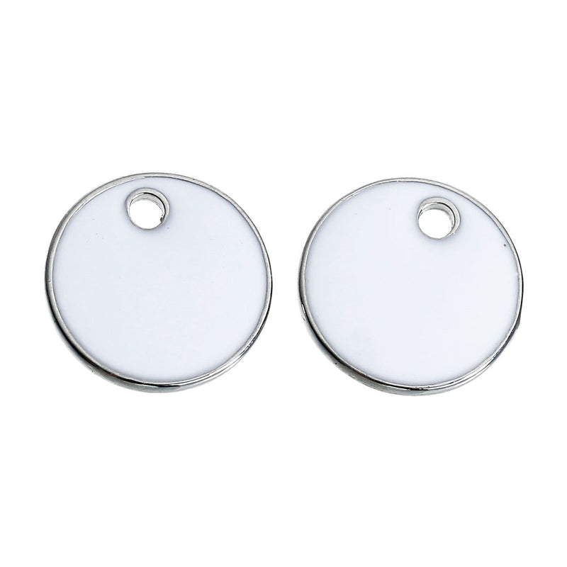 5 WHITE Enamel Dot Charms, Silver  Round Circle Sequin Charms, double sided, 16mm (5/8"),  che0522