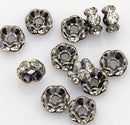 6mm BLACK Rondelle Beads with Clear Rhinestone Crystals, 20 pieces . Wavy Edge, black core  bme0373
