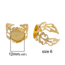 5 Gold Filigree Cabochon Ring Blanks, Fits 12mm round cabochon, 12mm bezel tray, METALLIC gold plate, adjustable sizing, fin0565