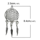 3 Silver Feather Dreamcatcher Charm Pendants, 64x29mm, chs2448