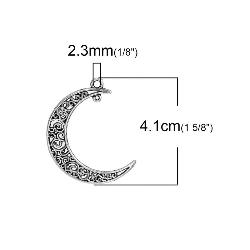 5 Silver FILIGREE MOON Charm Pendants, Large Crescent Moon, 41x36mm, chs2449