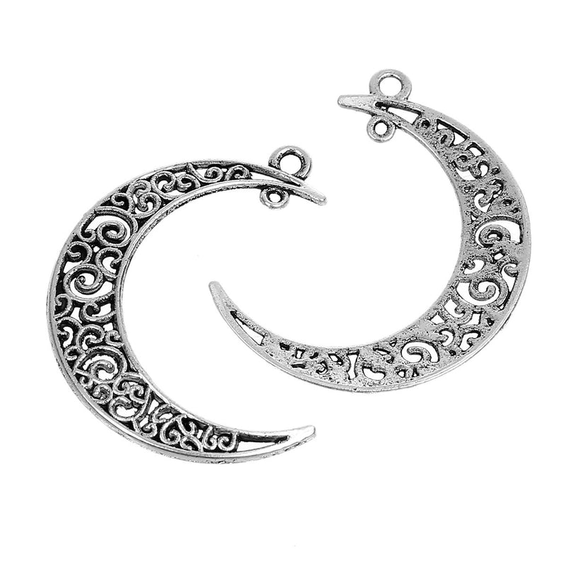 5 Silver FILIGREE MOON Charm Pendants, Large Crescent Moon, 41x36mm, chs2449