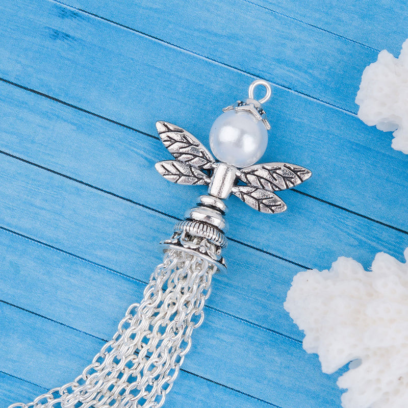 2 Silver Tone ANGEL CHAIN Tassel Pendant Charms, pearl wings, about 3-3/8" long chs2454