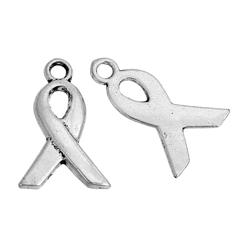 200 Silver Tone AWARENESS RIBBON Charms or Pendants, 14x9mm, chs2457b