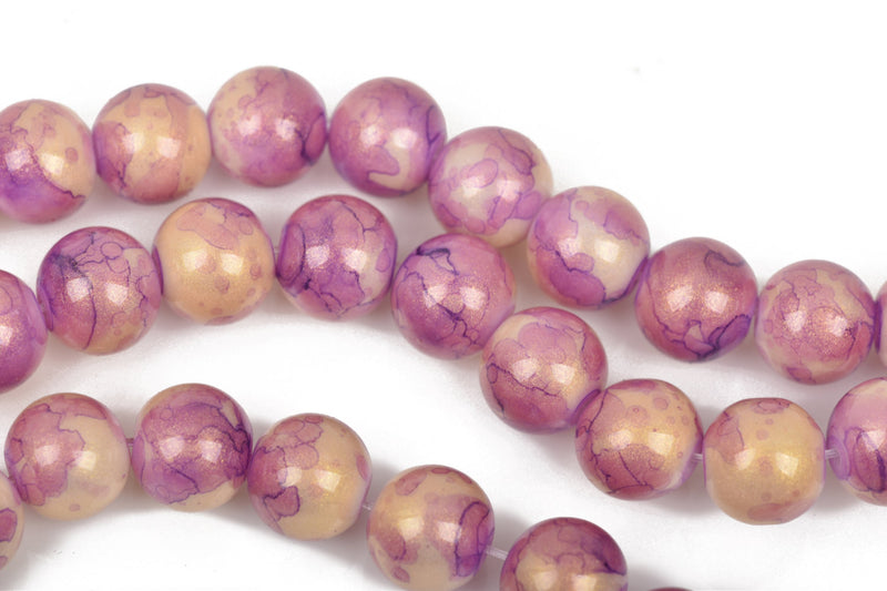 10mm Round Glass Beads, PURPLE MARBLE glitter with a gold sheen, double strand, about 84 beads, bgl1541
