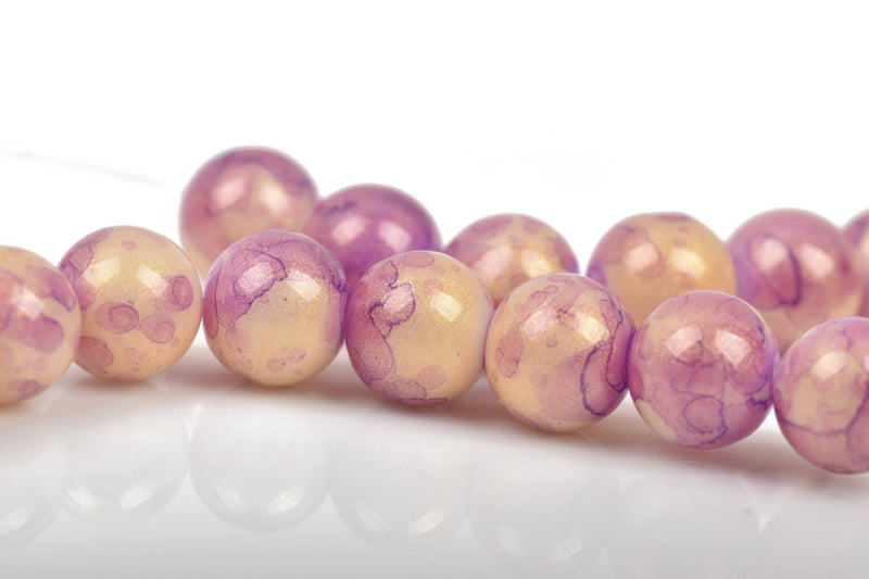 10mm Round Glass Beads, PURPLE MARBLE glitter with a gold sheen, double strand, about 84 beads, bgl1541