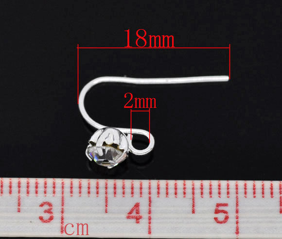 50 French Hooks Earring Ear Wires with 6mm Rhinestone in Prong Set Bezel, silver plated (25 pairs), fin0578b