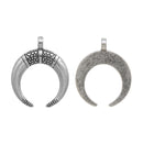 5 HORN Charm Pendants, Antique Silver Metal, Double Horn, Crescent Moon Charms, Atlantis jewelry, 34mm, chs2461