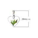 1 Acrylic Pendant, Natural REAL FLOWERS, Light Green Flower with Leaves, heart shape, silver bail, 29x22mm, cha0188