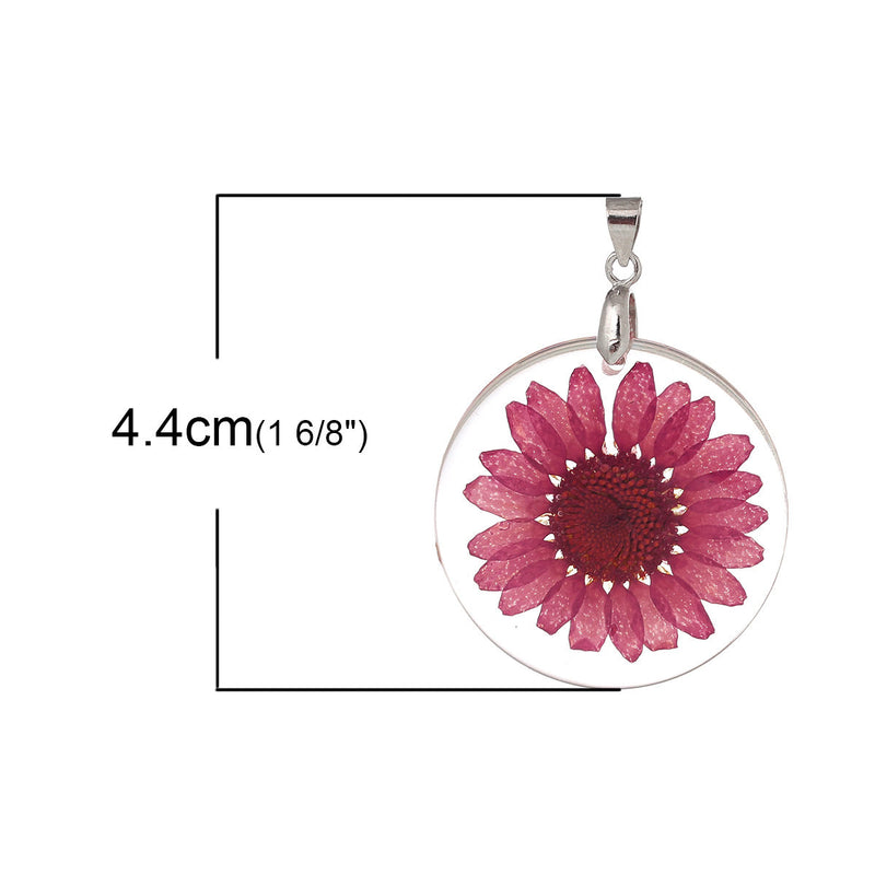 2 Acrylic Pendants, Natural REAL FLOWERS, Hot Pink Flower with leaves, circle disc shape, silver bail, 1-1/4" diameter cha0187
