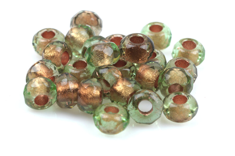 25 GREEN and GOLD Rondelles Czech Glass Beads, Gold Electroplate, 8mm, bgl1379