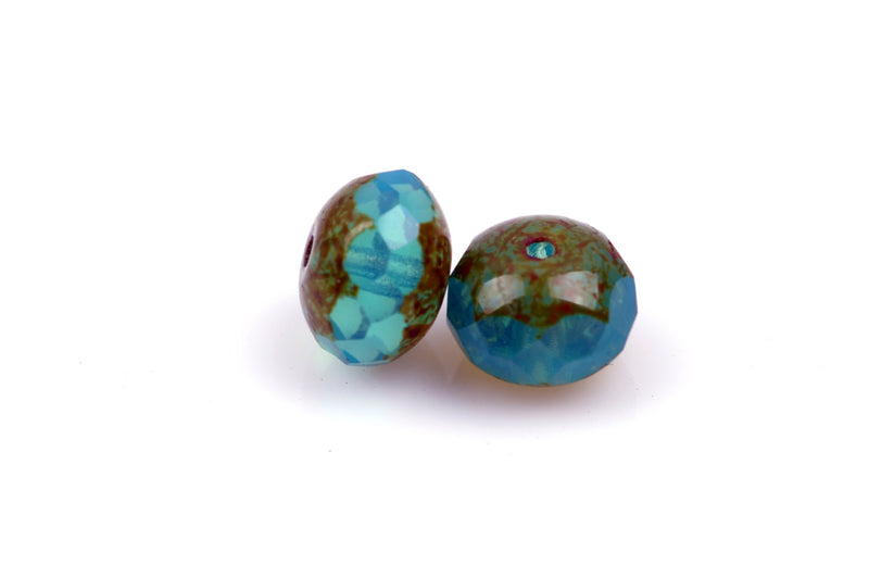 25 BLUE GREEN Rondelles Czech Glass Beads, Picasso, 8mm, bgl1383