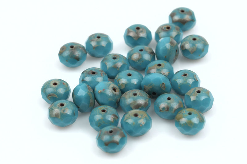 25 TURQUOISE BLUE Rondelles Czech Glass Beads, Picasso, 8mm, bgl1382