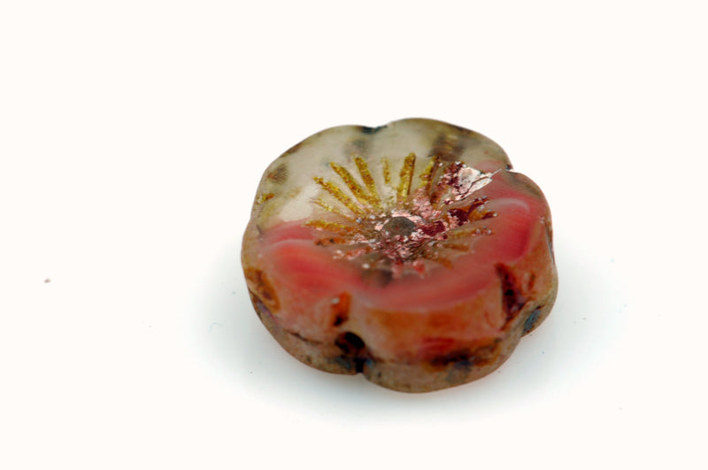10 CORAL PINK Metallic Plated Faceted FLOWER Czech Glass Beads, 14mm, bgl1393