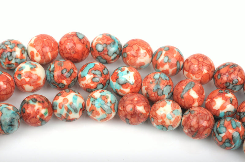 8mm MOSAIC HOWLITE Round Beads,  turquoise blue, dark orange, white, full strand, about 49 beads, how0492