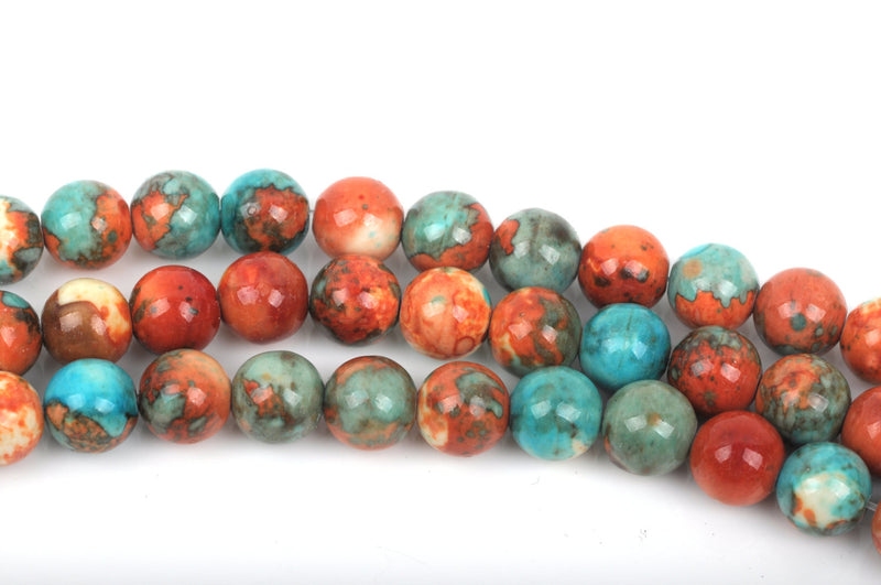 6mm MOSAIC HOWLITE Round Beads, turquoise blue, dark orange, white marble, full strand, about 63 beads, how0509