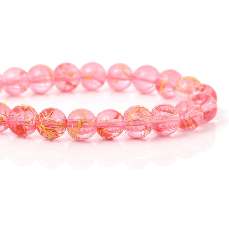 8mm Round Glass Beads, pink with yellow drizzle, drawbench style, double strand, about 110 beads, BGL1402