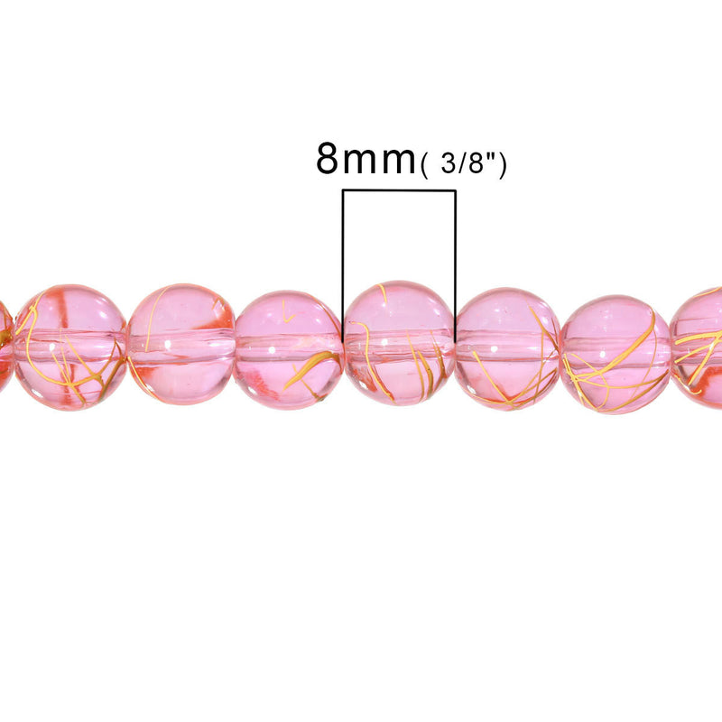 8mm Round Glass Beads, pink with yellow drizzle, drawbench style, double strand, about 110 beads, BGL1402