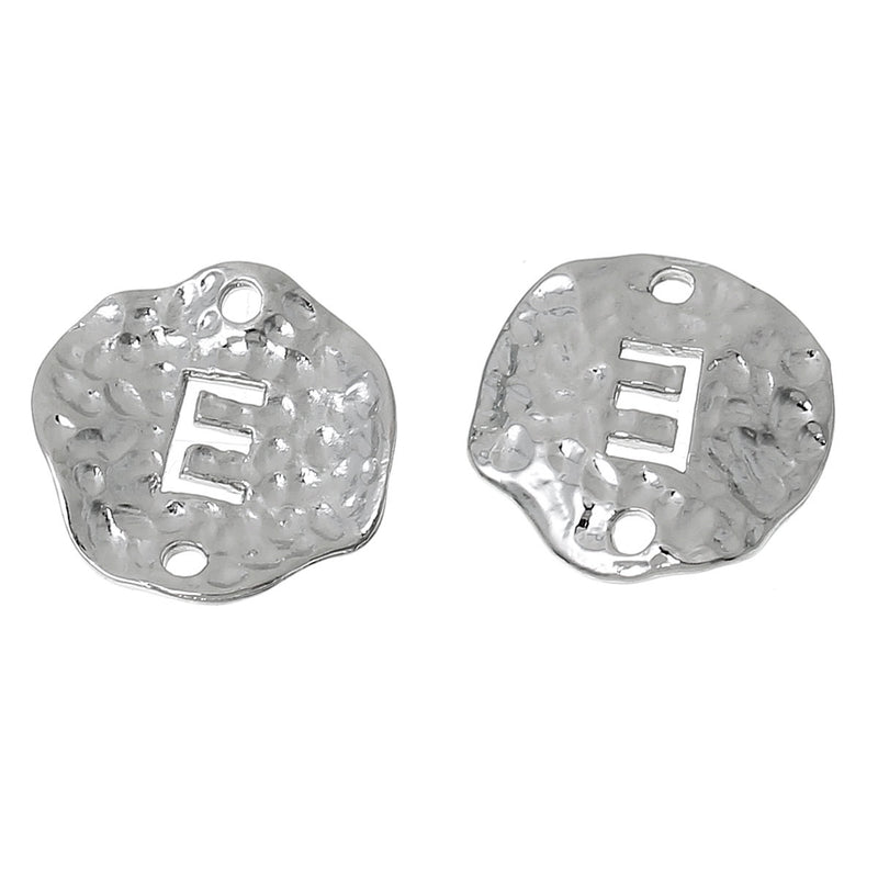 5 Silver letter E connector Charms, Monogram E Charms, Alphabet, hammered metal, 1/2" diameter domed connector links, findings, chs2362
