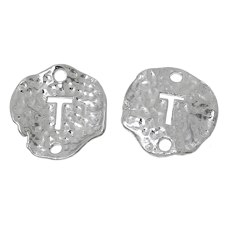 5 Silver letter T connector Charms, Monogram T Charms, Alphabet, hammered metal, 1/2" diameter domed connector links, findings, chs2375