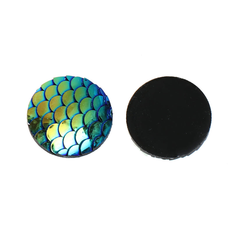 16mm MERMAID FISH Scale Cabochons, Round Resin Metallic, Green AB iridescent, 10 pieces, 11/16"  cab0467a