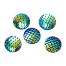 12mm MERMAID FISH Scale Cabochons, Round Resin Metallic, Green AB iridescent, 10 pieces, 1/2" cab0495a