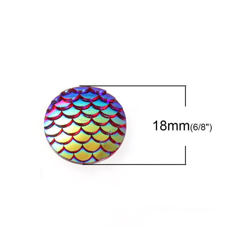 18mm MERMAID FISH Scale Cabochons, Round Resin Metallic, Red AB iridescent, 10 pieces, 11/16"  cab0426