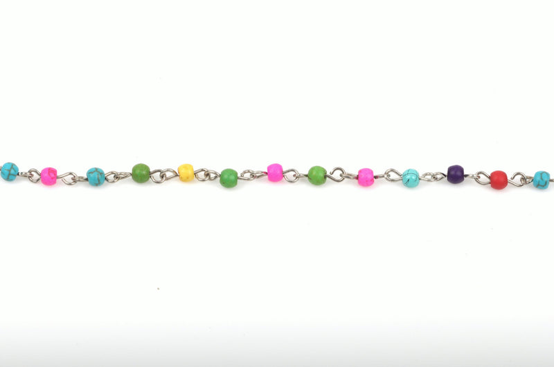1 yard Rainbow Howlite Rosary Chain, silver, 4mm round stone beads fch0409a