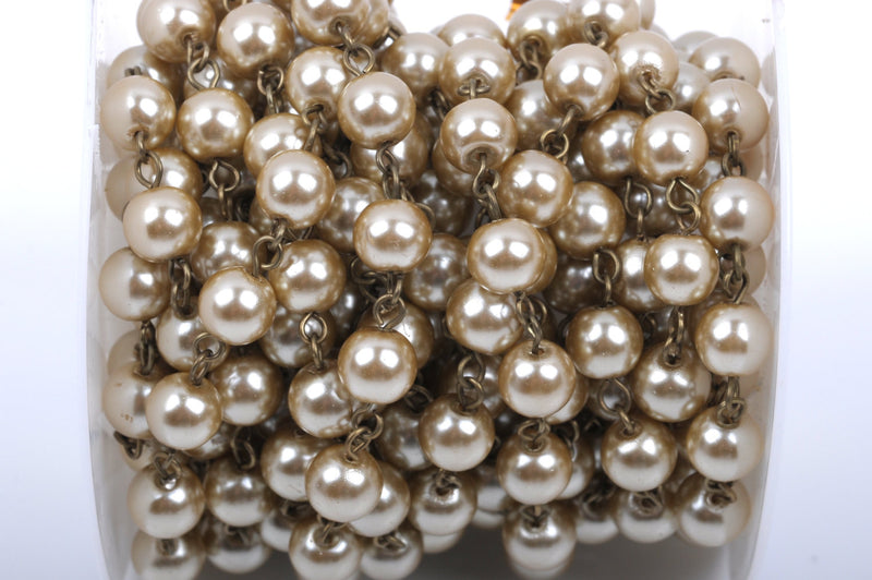 1 yard Taupe Light Brown Pearl Rosary Chain, bronze wire, 8mm round glass pearl beads, fch0412a