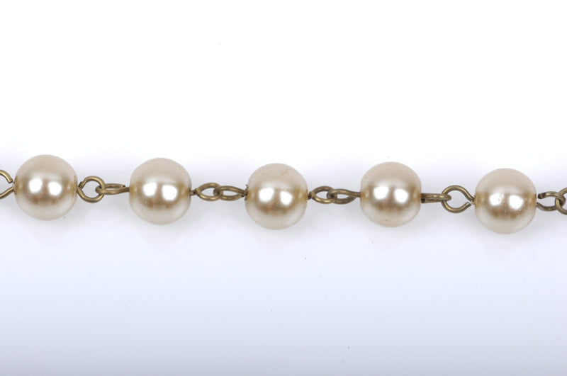 1 yard Taupe Light Brown Pearl Rosary Chain, bronze wire, 8mm round glass pearl beads, fch0412a