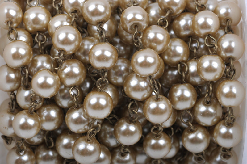 1 yard Taupe Light Brown Pearl Rosary Chain, bronze wire, 8mm round glass pearl beads, fch0412a