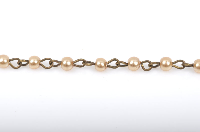 1 yard Taupe Light Brown Pearl Rosary Chain, bronze wire, 4mm round glass pearl beads, fch0414a