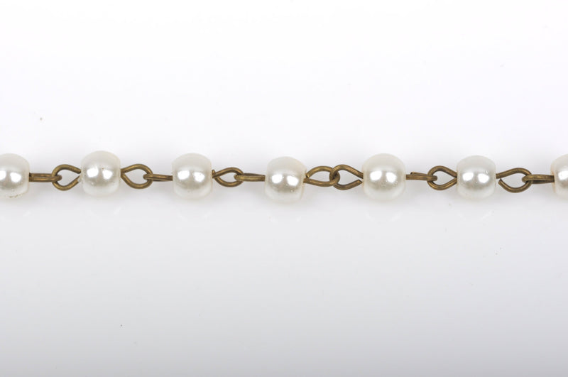13 feet (4.33 yards) Ivory Off White Pearl Rosary Chain, bronze, 6mm round glass pearl beads, fch0416b