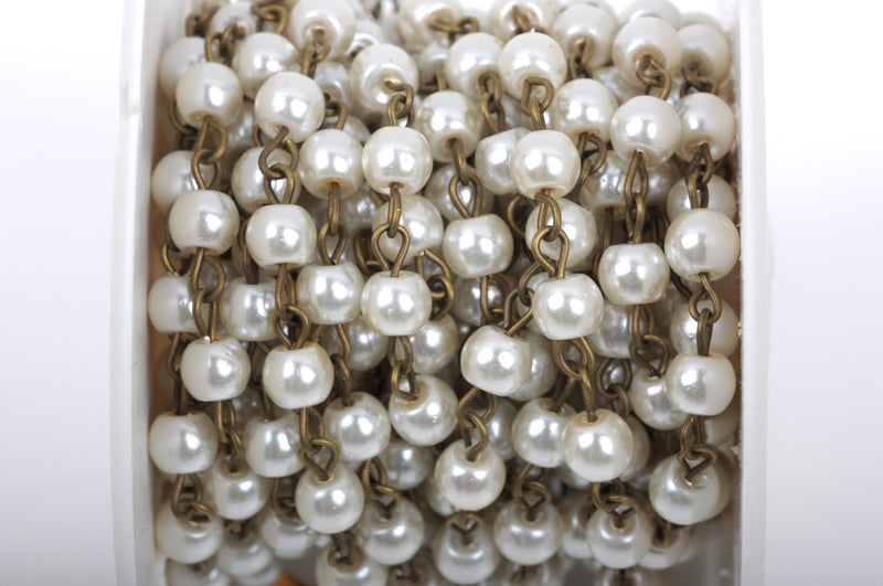 13 feet (4.33 yards) Ivory Off White Pearl Rosary Chain, bronze, 6mm round glass pearl beads, fch0416b