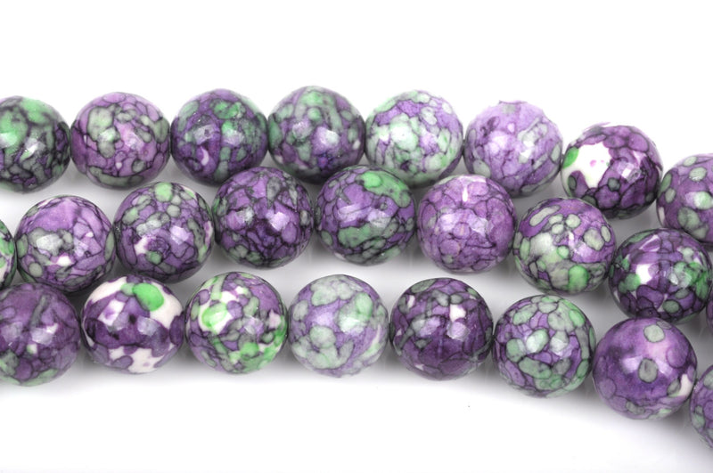 14mm MOSAIC HOWLITE Round Beads, purple, green, white, full strand, 28 beads, how0528