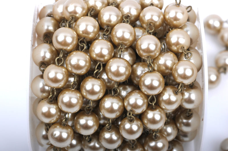 1 yard Taupe Pearl Rosary Chain, bronze, 12mm round glass pearl beads, fch0420a