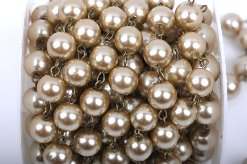 10 feet (3.33 yards) Taupe Pearl Rosary Chain, bronze, 12mm round glass pearl beads, fch0420b