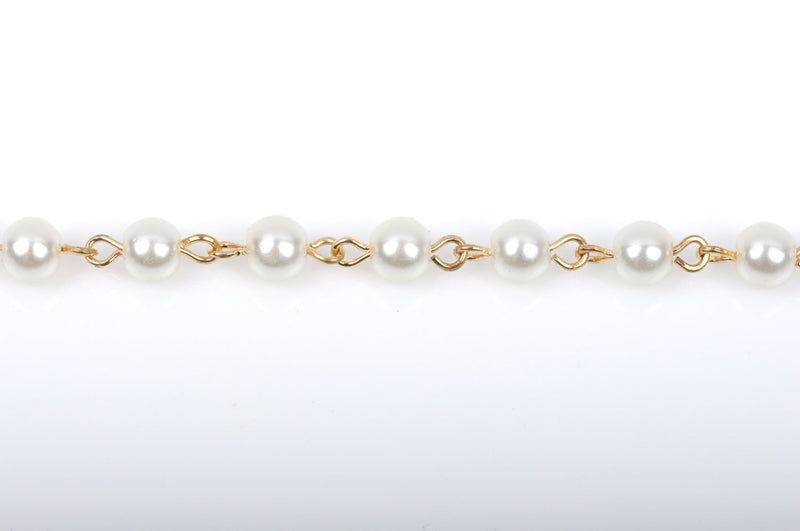 1 yard Ivory Off White Pearl Rosary Chain, bright gold, 6mm round glass pearl beads, fch0422a