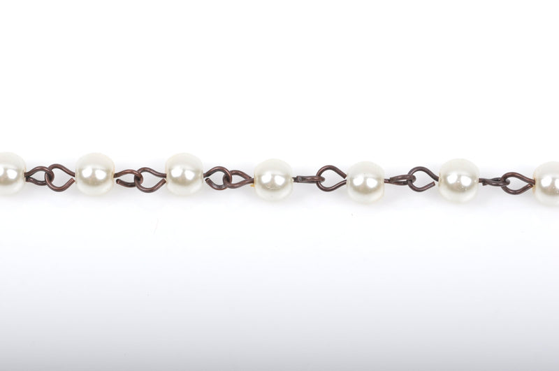 13 feet (4.33 yards) Ivory Off White Pearl Rosary Chain, antique copper, 6mm round glass pearl beads, fch0423b
