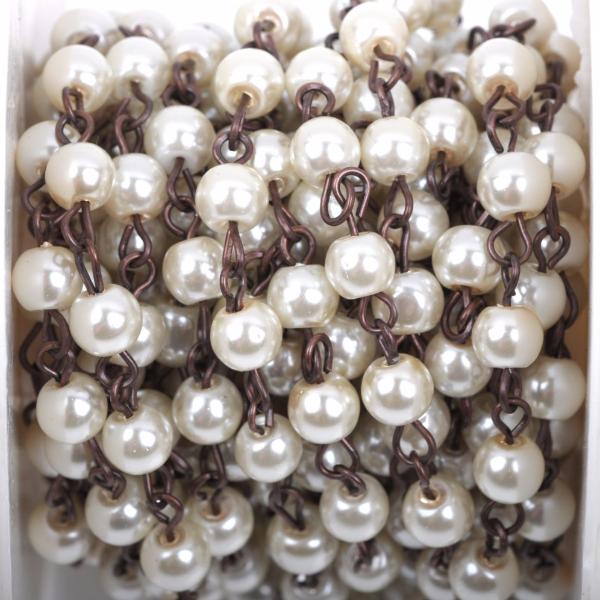 13 feet (4.33 yards) Ivory Off White Pearl Rosary Chain, antique copper, 6mm round glass pearl beads, fch0423b