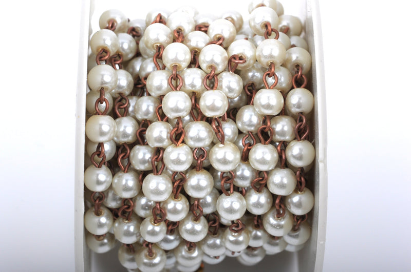 13 feet (4.33 yards) Ivory Off White Pearl Rosary Chain, copper, 6mm round glass pearl beads, fch0424b