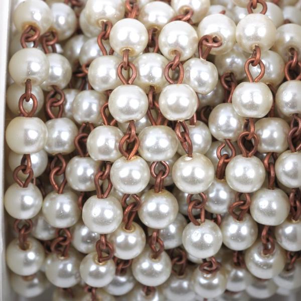 1 yard Ivory Off White Pearl Rosary Chain, copper, 6mm round glass pearl beads, fch0424a